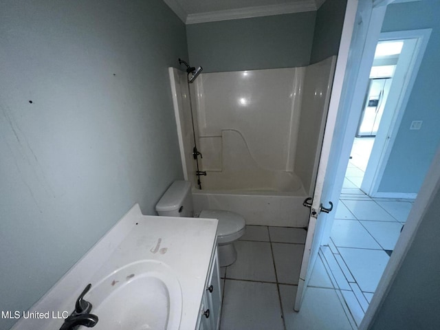 bathroom with vanity, bathtub / shower combination, crown molding, tile patterned floors, and toilet