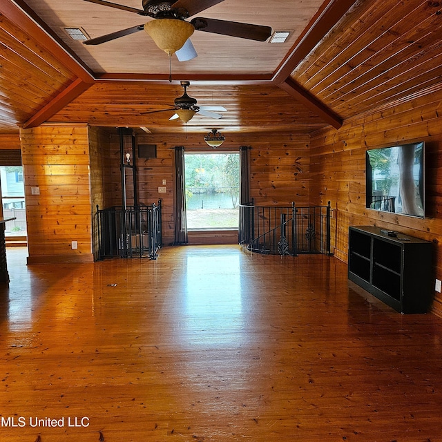 unfurnished living room with hardwood / wood-style flooring, lofted ceiling with beams, wood walls, and wooden ceiling