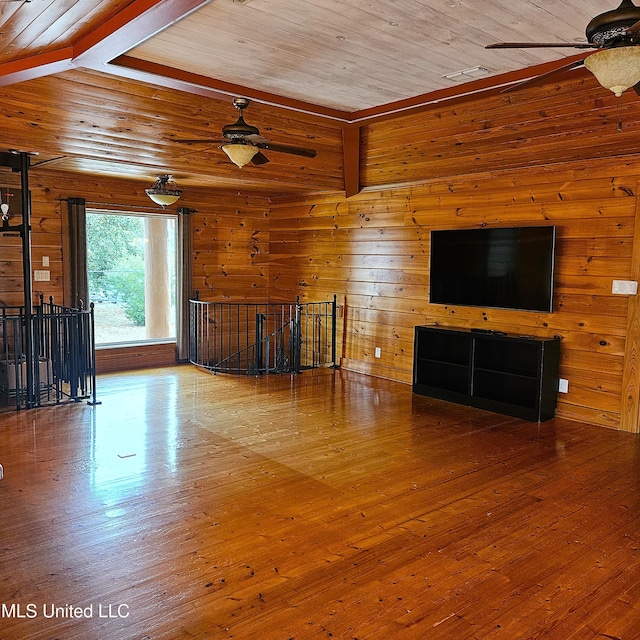 unfurnished living room with hardwood / wood-style flooring, ceiling fan, wood walls, and wood ceiling