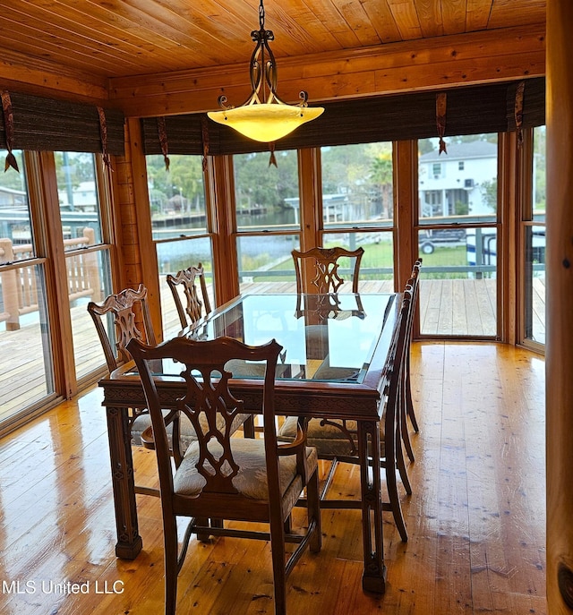 dining room with plenty of natural light, wood-type flooring, and wooden ceiling