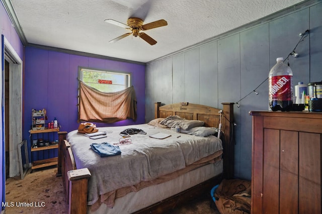 9 Gail St, Hattiesburg, MS 39402 - bedroom featuring carpet floors, crown molding, a textured ceiling, and a ceiling fan