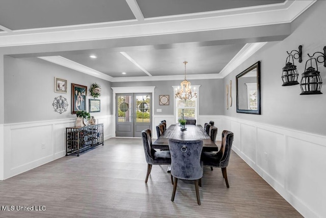 15225 Branigar, Biloxi, MS 39532 - dining space featuring a chandelier, wood finished floors, a wainscoted wall, ornamental molding, and recessed lighting