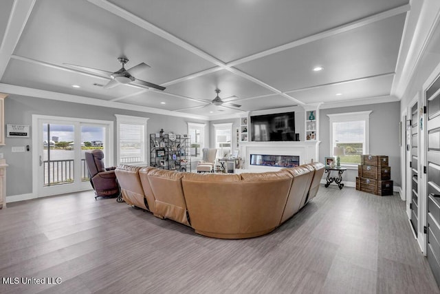15225 Branigar, Biloxi, MS 39532 - living area featuring wood finished floors, recessed lighting, coffered ceiling, a glass covered fireplace, and a ceiling fan