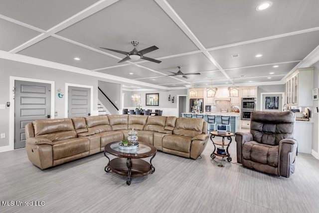 15225 Branigar, Biloxi, MS 39532 - living room with ceiling fan, recessed lighting, stairs, coffered ceiling, and crown molding