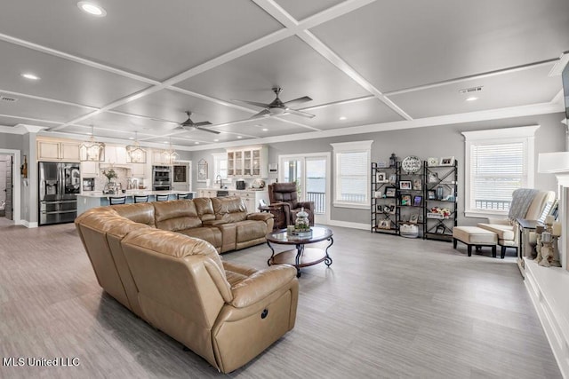 15225 Branigar, Biloxi, MS 39532 - living room with coffered ceiling, recessed lighting, light wood finished floors, and a ceiling fan
