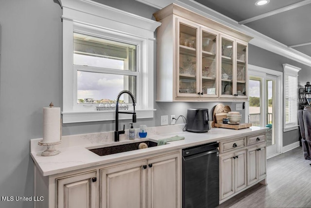 15225 Branigar, Biloxi, MS 39532 - kitchen featuring dishwasher, glass insert cabinets, light wood finished floors, light stone countertops, and recessed lighting