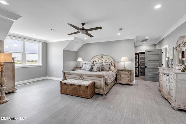 15225 Branigar, Biloxi, MS 39532 - bedroom featuring crown molding, recessed lighting, light wood finished floors, and ceiling fan