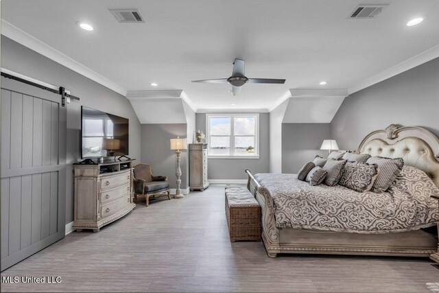 15225 Branigar, Biloxi, MS 39532 - bedroom featuring ornamental molding, a barn door, light wood-type flooring, recessed lighting, and ceiling fan