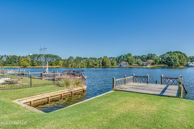 dock area featuring a yard and a water view