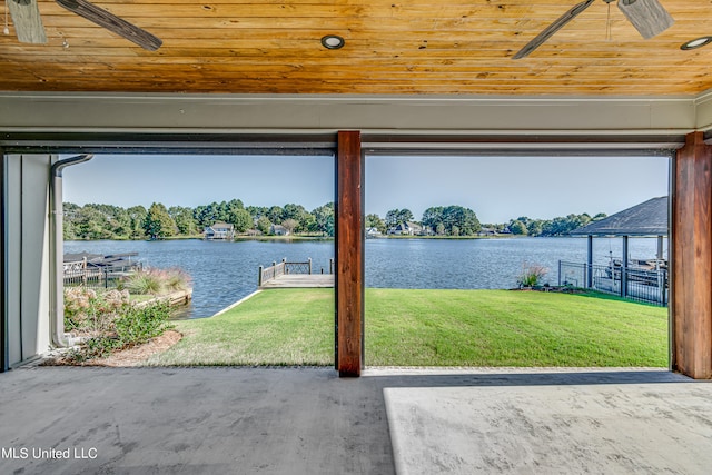 view of water feature with a dock