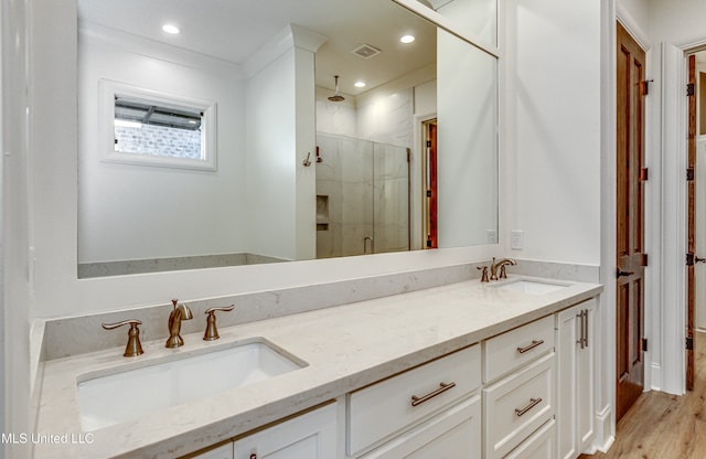 bathroom with vanity, walk in shower, and wood-type flooring