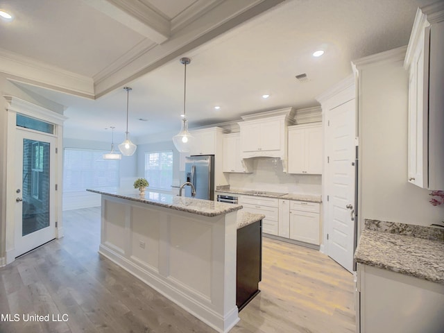 5807 Sylvester St, Ocean Springs, MS 39564 - kitchen with stainless steel fridge with ice dispenser, light wood-type flooring, white cabinetry, ornamental molding, and recessed lighting