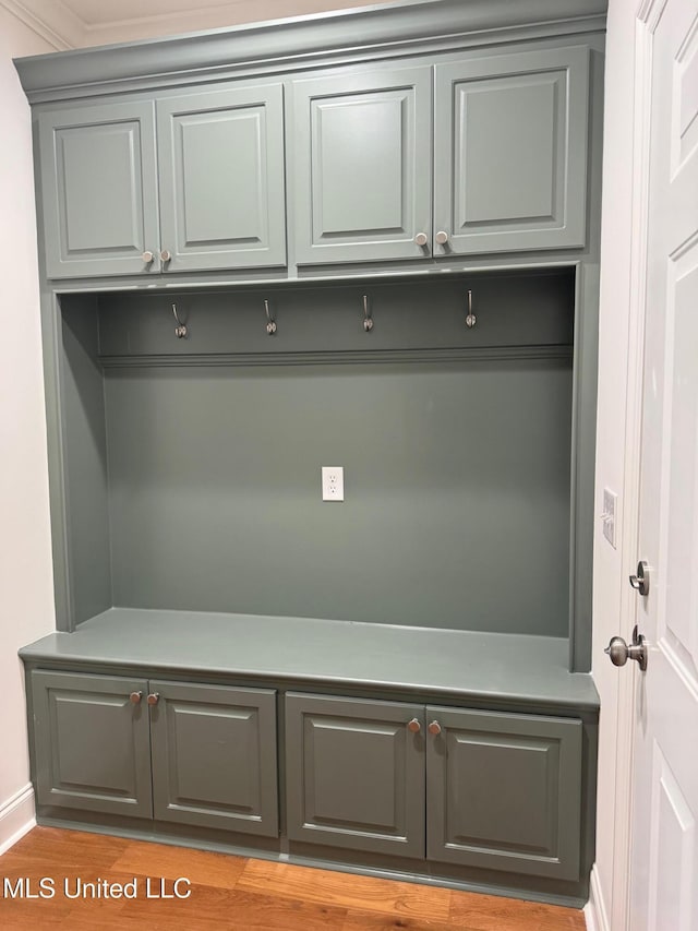 mudroom featuring light wood-type flooring and crown molding