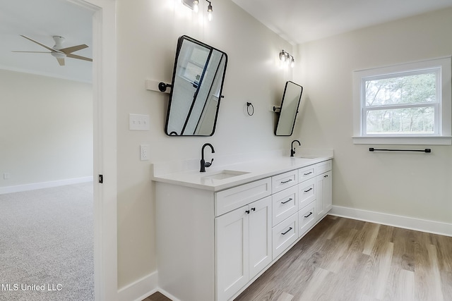 bathroom featuring wood finished floors, a sink, baseboards, and double vanity