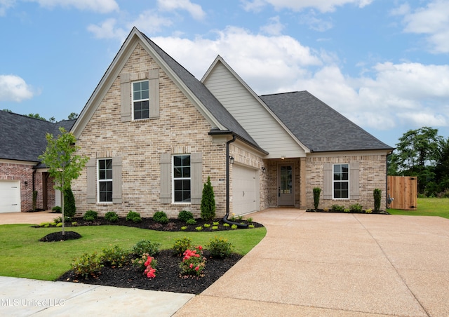 view of front of home with a front lawn and a garage