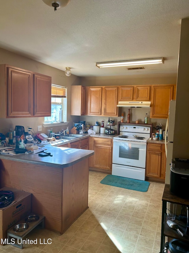 kitchen featuring a textured ceiling, sink, white appliances, and kitchen peninsula