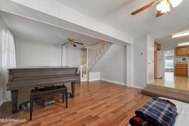 miscellaneous room with light hardwood / wood-style flooring and ceiling fan