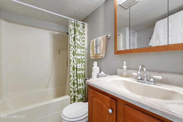 full bathroom featuring vanity, a textured ceiling, toilet, and shower / bathtub combination with curtain