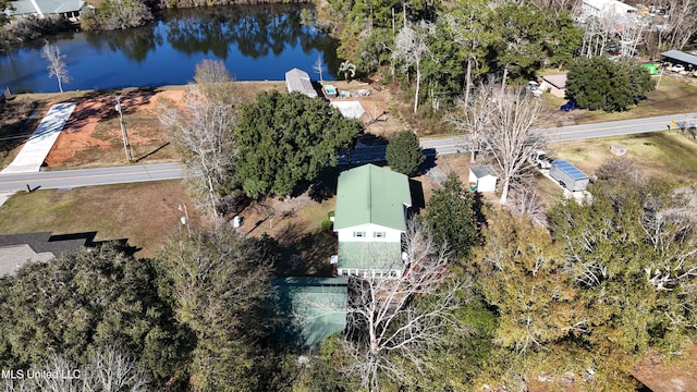 aerial view featuring a water view