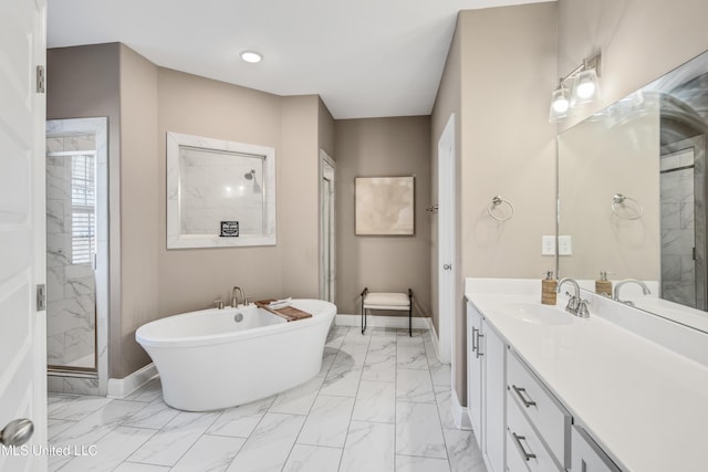 full bath with marble finish floor, a shower stall, baseboards, and vanity