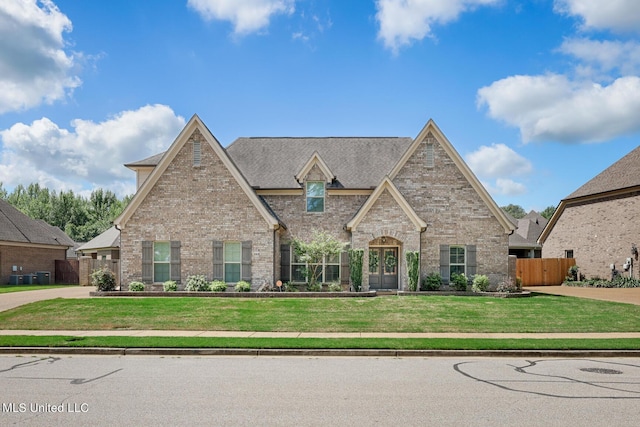 view of front of house with fence, roof with shingles, central AC, a front lawn, and brick siding