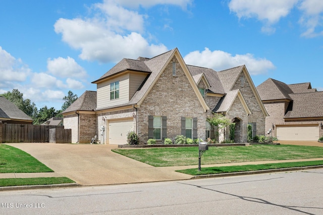 view of front of house featuring brick siding, fence, concrete driveway, a front yard, and an attached garage