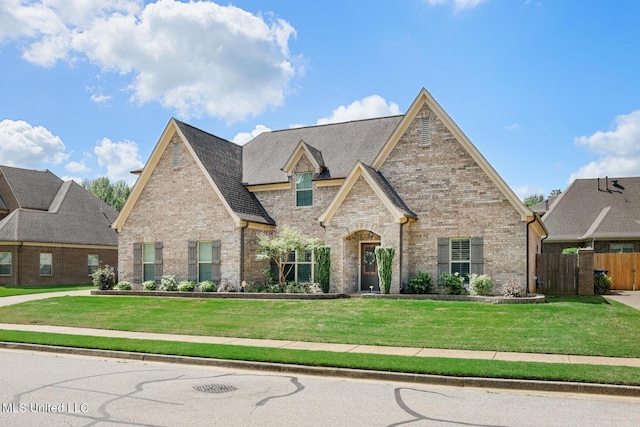 view of front of home featuring brick siding, roof with shingles, a front lawn, and fence