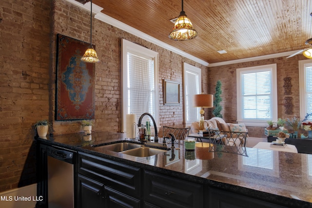 kitchen with brick wall and decorative light fixtures