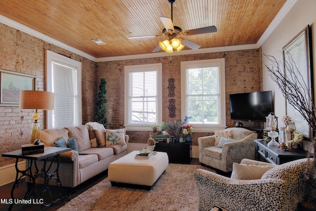 living room with wooden ceiling, crown molding, hardwood / wood-style flooring, ceiling fan, and brick wall