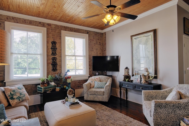 living room featuring ceiling fan, crown molding, wooden ceiling, and dark wood-type flooring