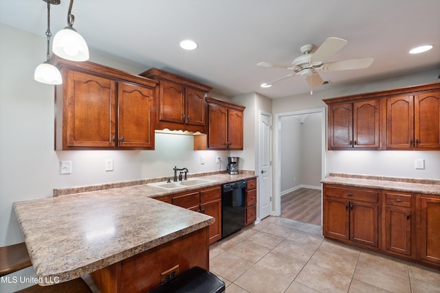 kitchen with light tile patterned flooring, black dishwasher, sink, hanging light fixtures, and ceiling fan