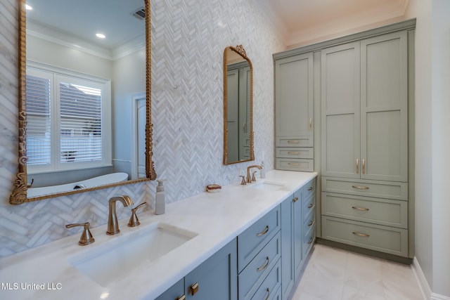 2011 Pointe Clear Dr, Biloxi, MS 39531 - full bath featuring ornamental molding, double vanity, a freestanding bath, and baseboards