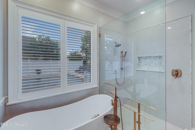 2011 Pointe Clear Dr, Biloxi, MS 39531 - bathroom with a walk in shower, a freestanding bath, crown molding, and recessed lighting