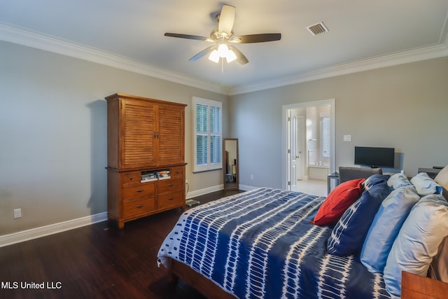 2011 Pointe Clear Dr, Biloxi, MS 39531 - bedroom with crown molding, dark wood-style flooring, baseboards, ensuite bath, and a ceiling fan