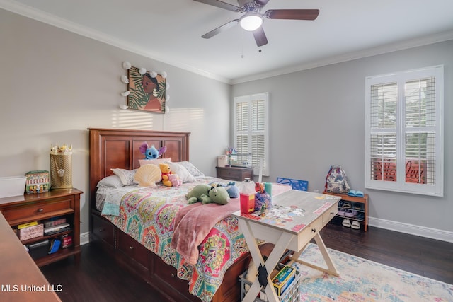 2011 Pointe Clear Dr, Biloxi, MS 39531 - bedroom with multiple windows, baseboards, crown molding, wood finished floors, and a ceiling fan