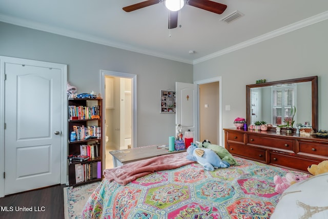 2011 Pointe Clear Dr, Biloxi, MS 39531 - bedroom with crown molding, ensuite bath, ceiling fan, and wood finished floors