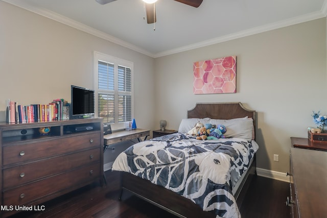 2011 Pointe Clear Dr, Biloxi, MS 39531 - bedroom with baseboards, dark wood-type flooring, crown molding, and a ceiling fan
