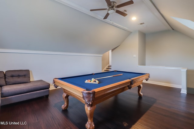 2011 Pointe Clear Dr, Biloxi, MS 39531 - game room featuring ceiling fan, wood finished floors, vaulted ceiling, baseboards, and pool table
