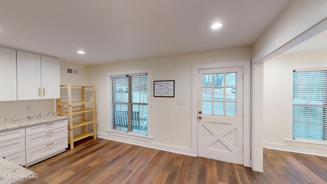 doorway featuring plenty of natural light and dark hardwood / wood-style flooring