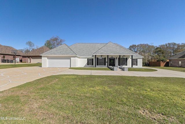 ranch-style house with driveway, a porch, a front lawn, and a garage