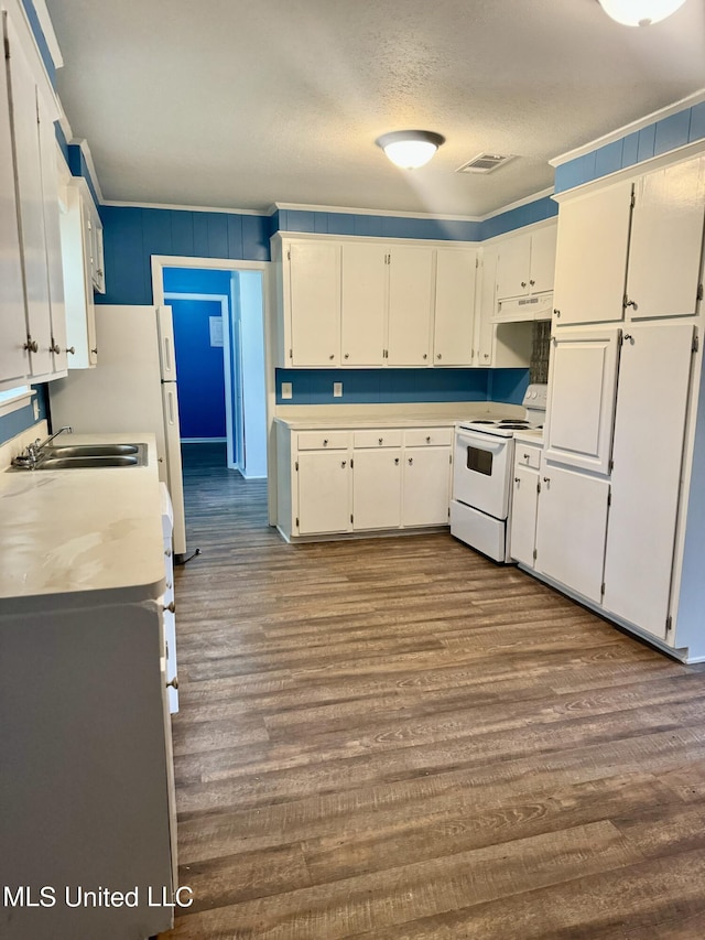 kitchen with hardwood / wood-style floors, white range with electric cooktop, a textured ceiling, and white cabinets