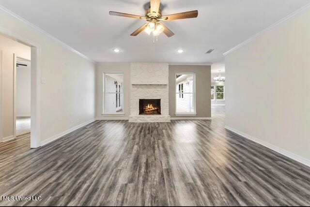 105 Leigh Cir, Ocean Springs, MS 39564 - unfurnished living room with ornamental molding, dark wood-style floors, a fireplace, a ceiling fan, and recessed lighting