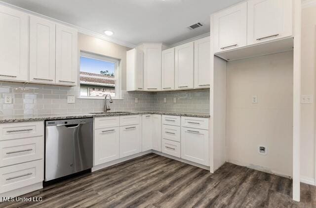 105 Leigh Cir, Ocean Springs, MS 39564 - kitchen featuring stainless steel dishwasher, light stone counters, dark wood-style floors, white cabinets, and tasteful backsplash