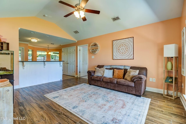 13745 Lawton Ln, Gulfport, MS 39503 - living room featuring a ceiling fan, wood finished floors, lofted ceiling, and baseboards