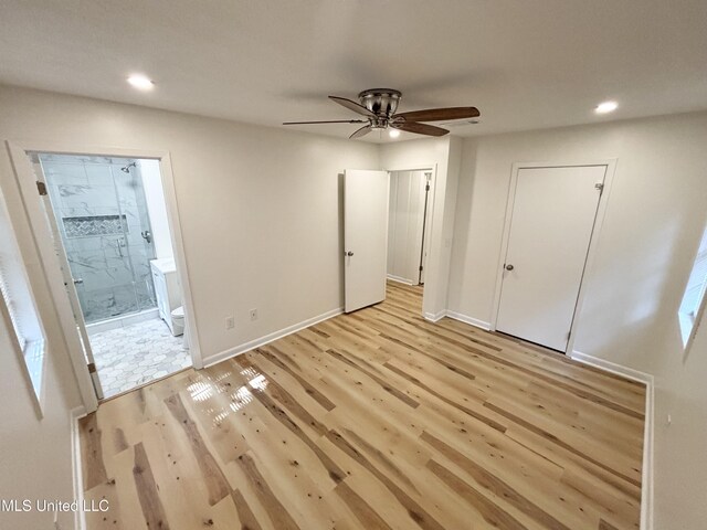 116 Victoria Cir, Newton, MS 39345 - unfurnished bedroom featuring light wood-style flooring, recessed lighting, connected bathroom, baseboards, and ceiling fan