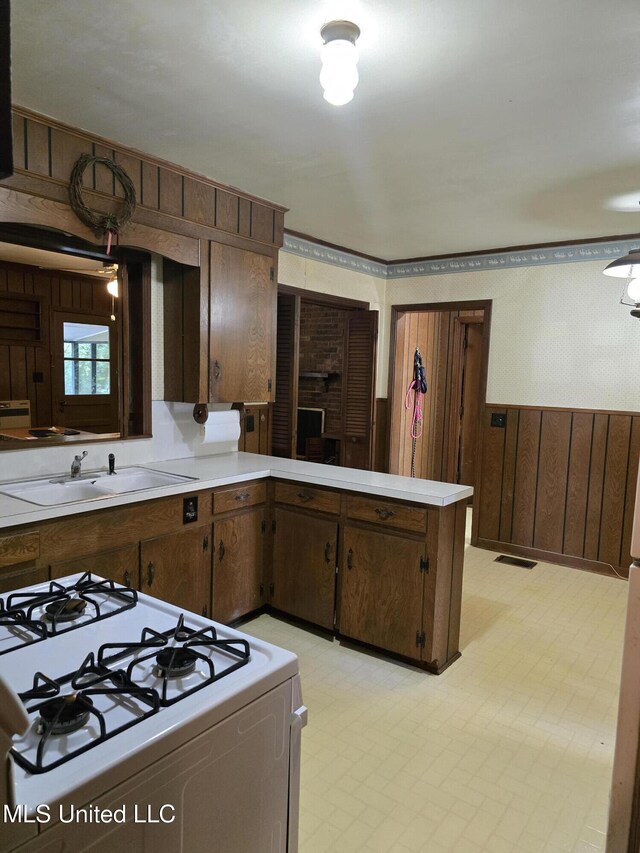 751 Dorgan St, Jackson, MS 39204 - kitchen with white gas range, light floors, light countertops, wooden walls, and a sink
