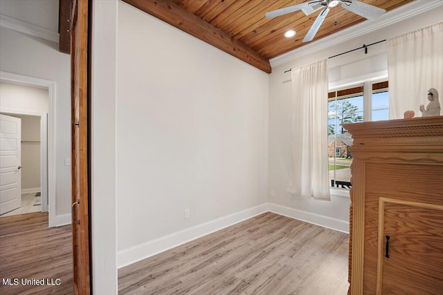 unfurnished bedroom featuring beam ceiling, ceiling fan, light wood-type flooring, and wooden ceiling