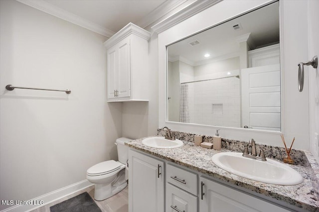 bathroom featuring vanity, crown molding, a shower with curtain, and toilet