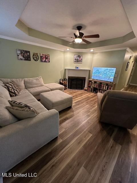 133 Windchase, Brandon, MS 39042 - living area with a tray ceiling, wood finished floors, a ceiling fan, and a fireplace