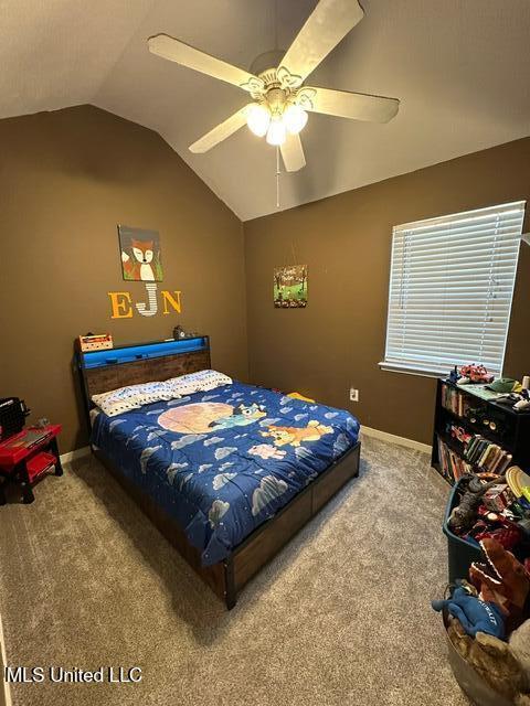133 Windchase, Brandon, MS 39042 - bedroom with carpet flooring, vaulted ceiling, and a ceiling fan